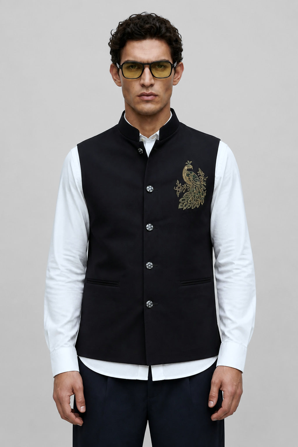 PSTL CLO Midnight Black Crystal-Beaded Waistcoat - front view, festive wedding wear for men