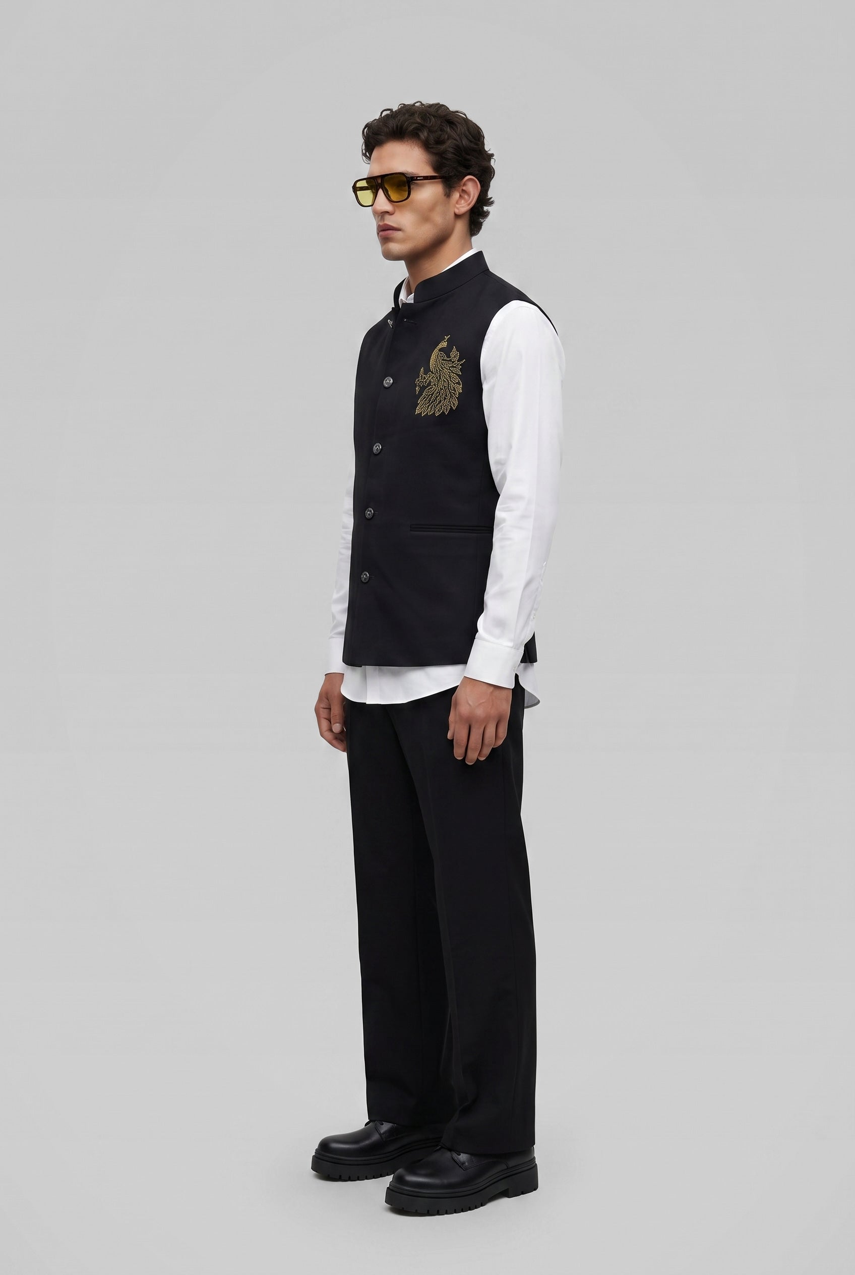 PSTL CLO Midnight Black Crystal-Beaded Waistcoat - full length side view on model