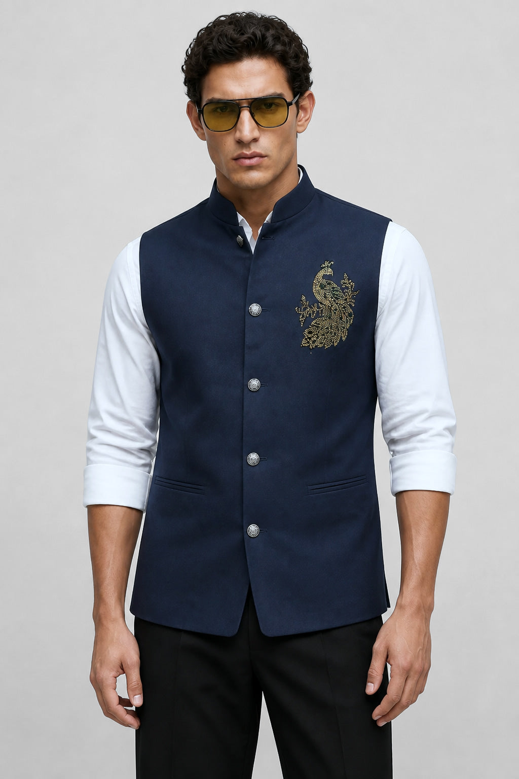 PSTL CLO Midnight Ocean Crystal-Beaded Waistcoat - front view, festive wedding wear for men