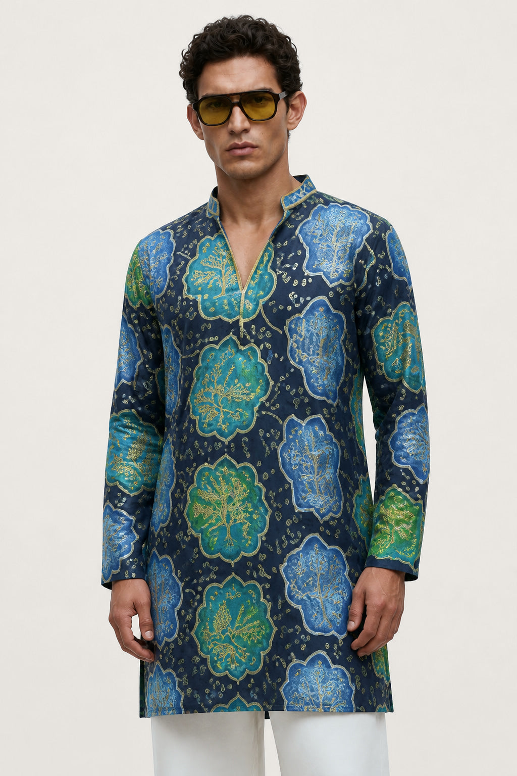 PSTL CLO Azure Bloom Navy Blue Floral Embroidered Kurta - collar and neckline detail