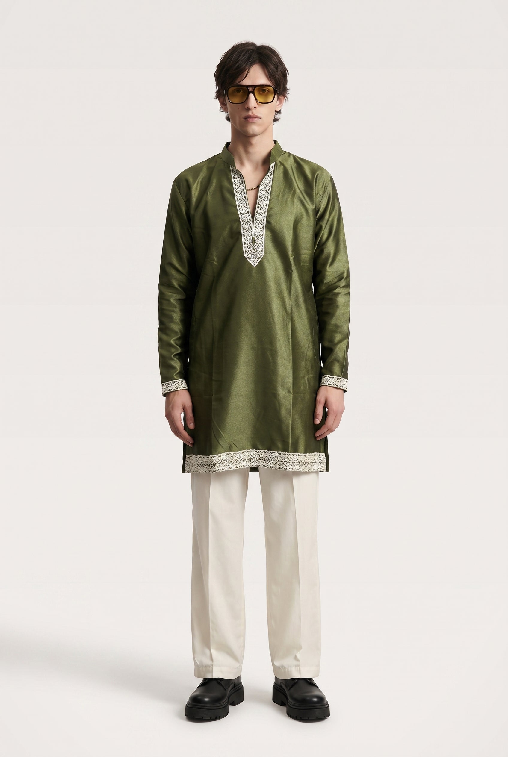Men's Black Cotton Silk Kurta with Mirror and Zari Yoke Work