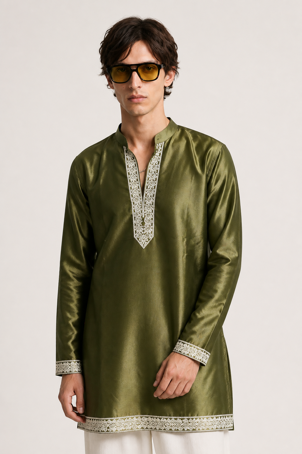 Men's Black Cotton Silk Kurta with Mirror and Zari Yoke Work