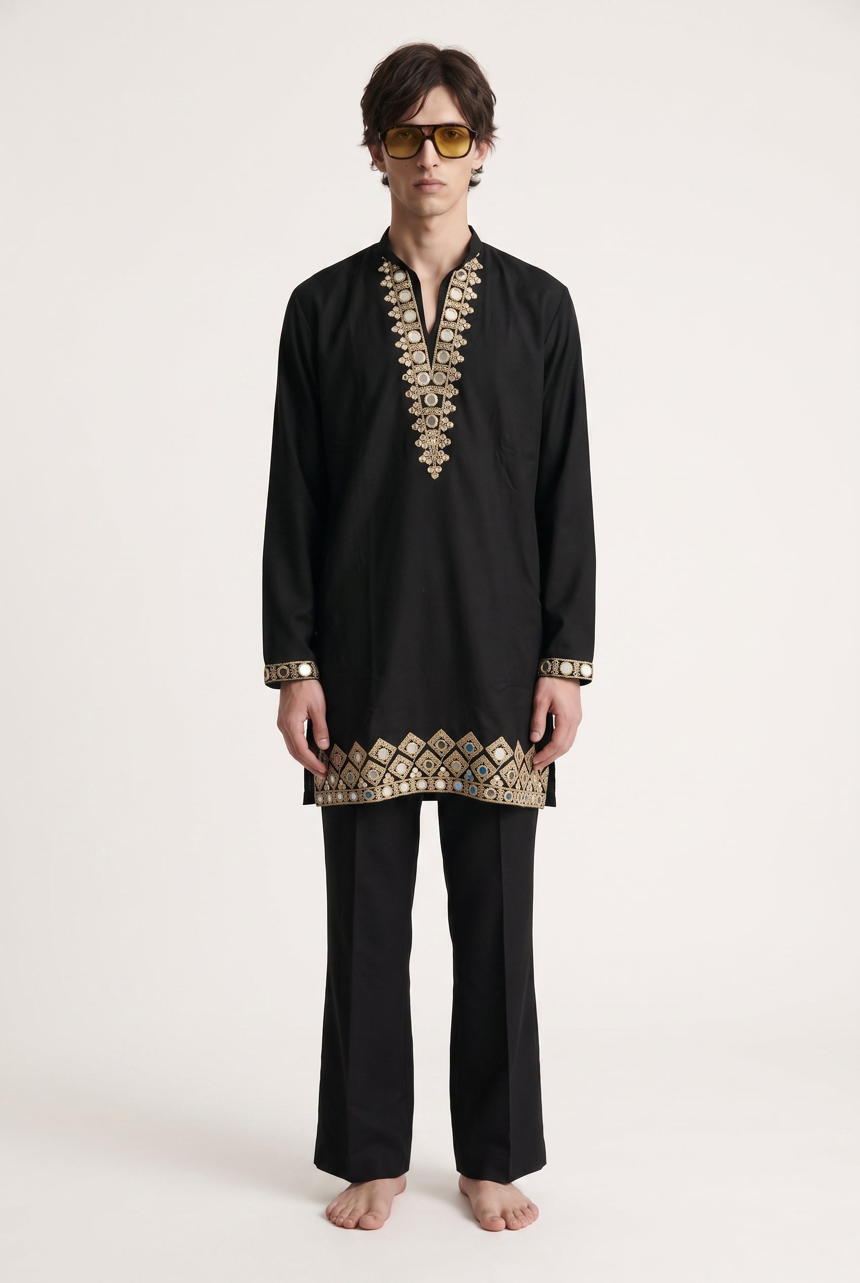 Men's Black Cotton Silk Kurta with Mirror and Zari Yoke Work
