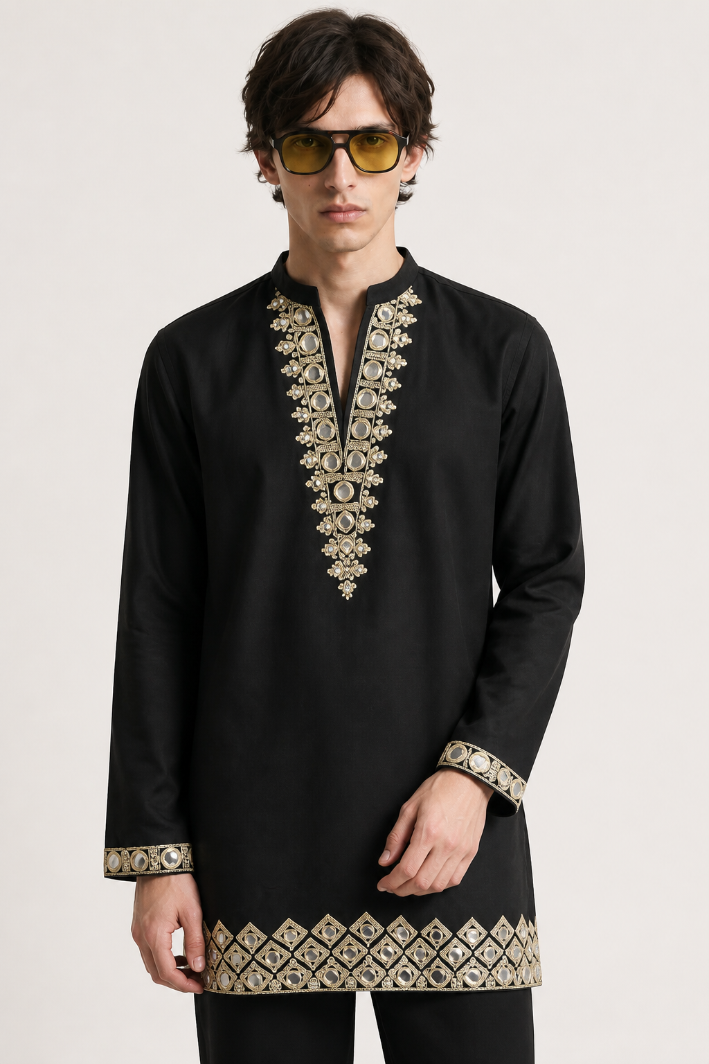 Men's Black Cotton Silk Kurta with Mirror and Zari Yoke Work
