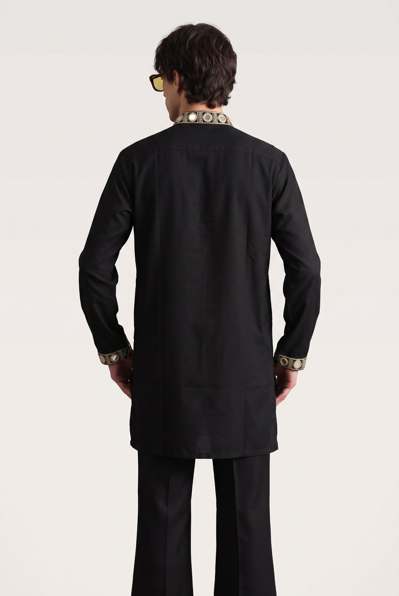 Men's Black Cotton Silk Kurta with Mirror and Zari Yoke Work