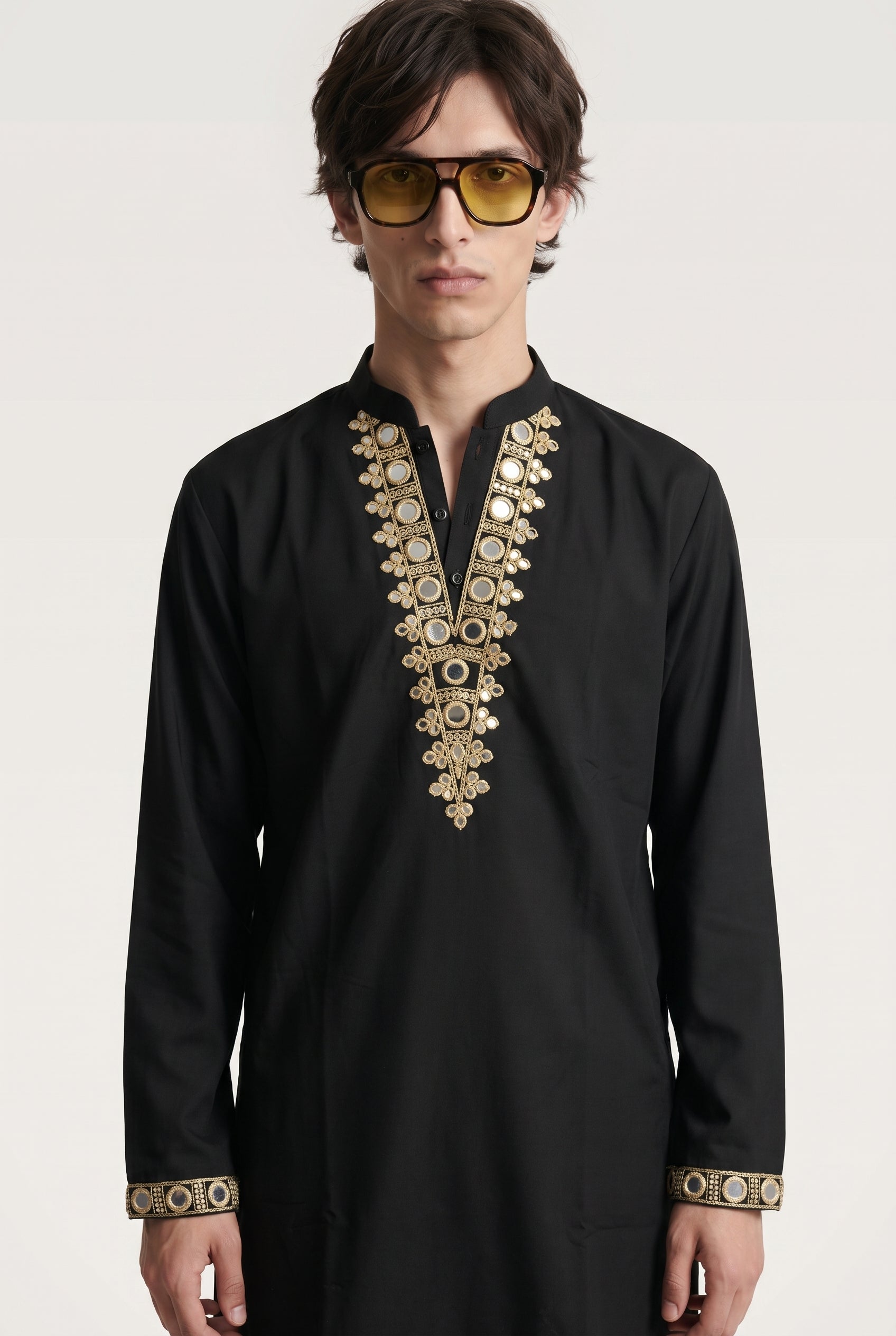 Men's Black Cotton Silk Kurta with Mirror and Zari Yoke Work