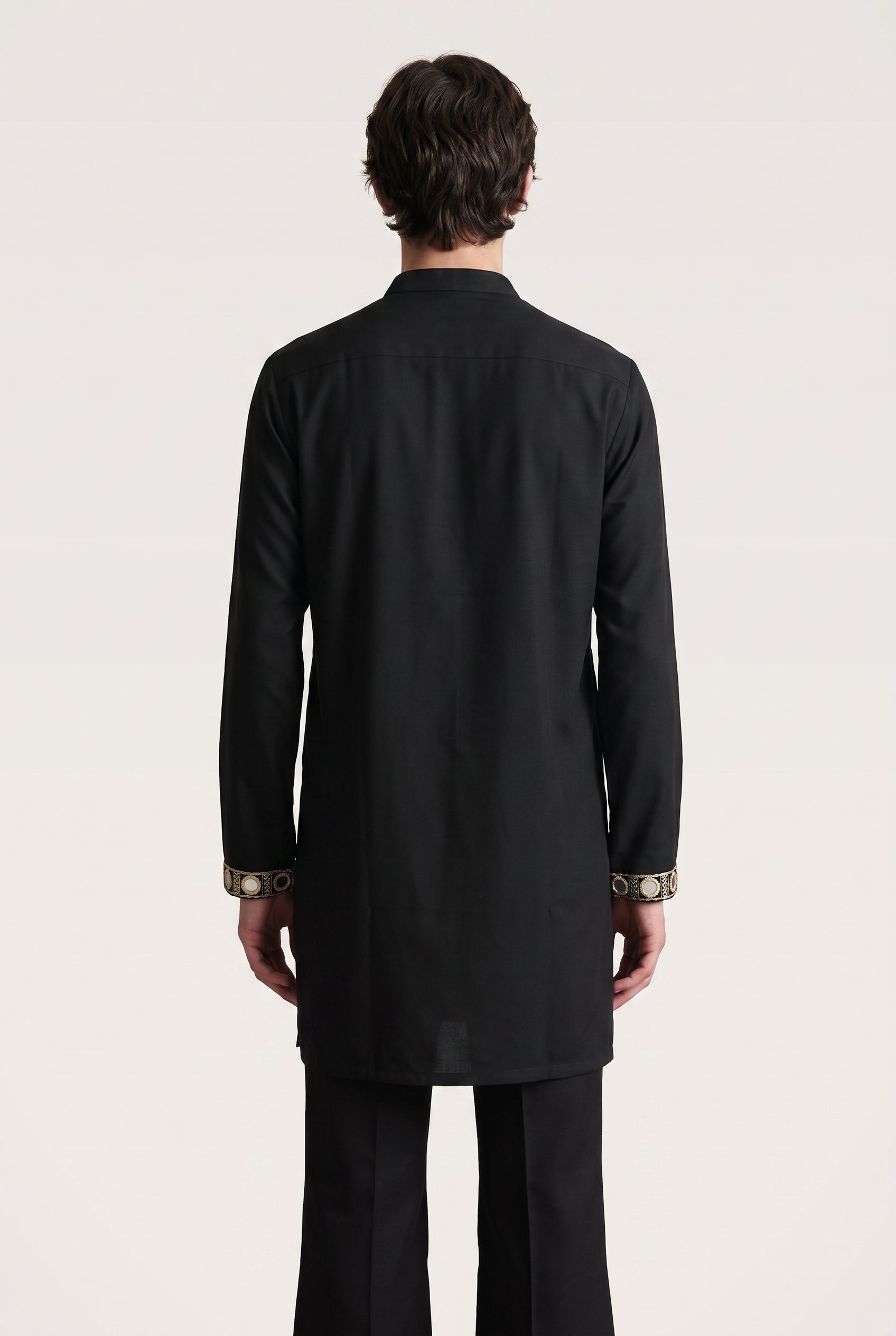 Men's Black Cotton Silk Kurta with Mirror and Zari Yoke Work