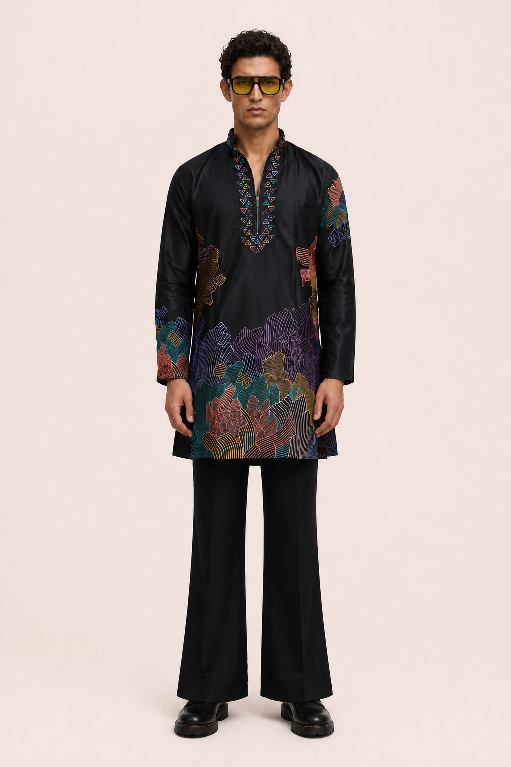 PSTL CLO Aura Midnight Abstract Embroidered Short Kurta with pants - collar and zip closure detail