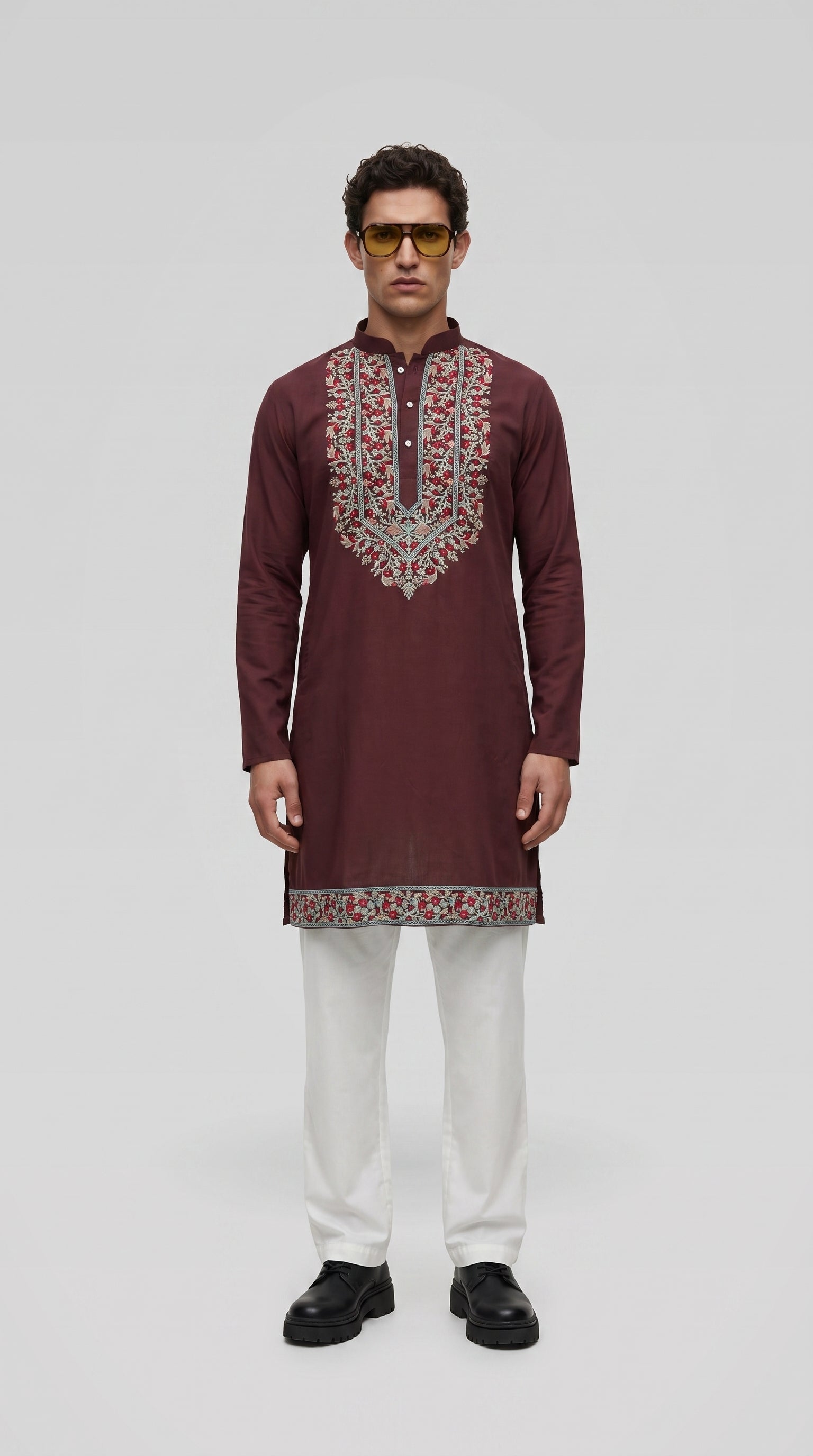 PSTL CLO Maroon Heritage Cotton Embroidered Kurta - front view, festive wedding wear for men