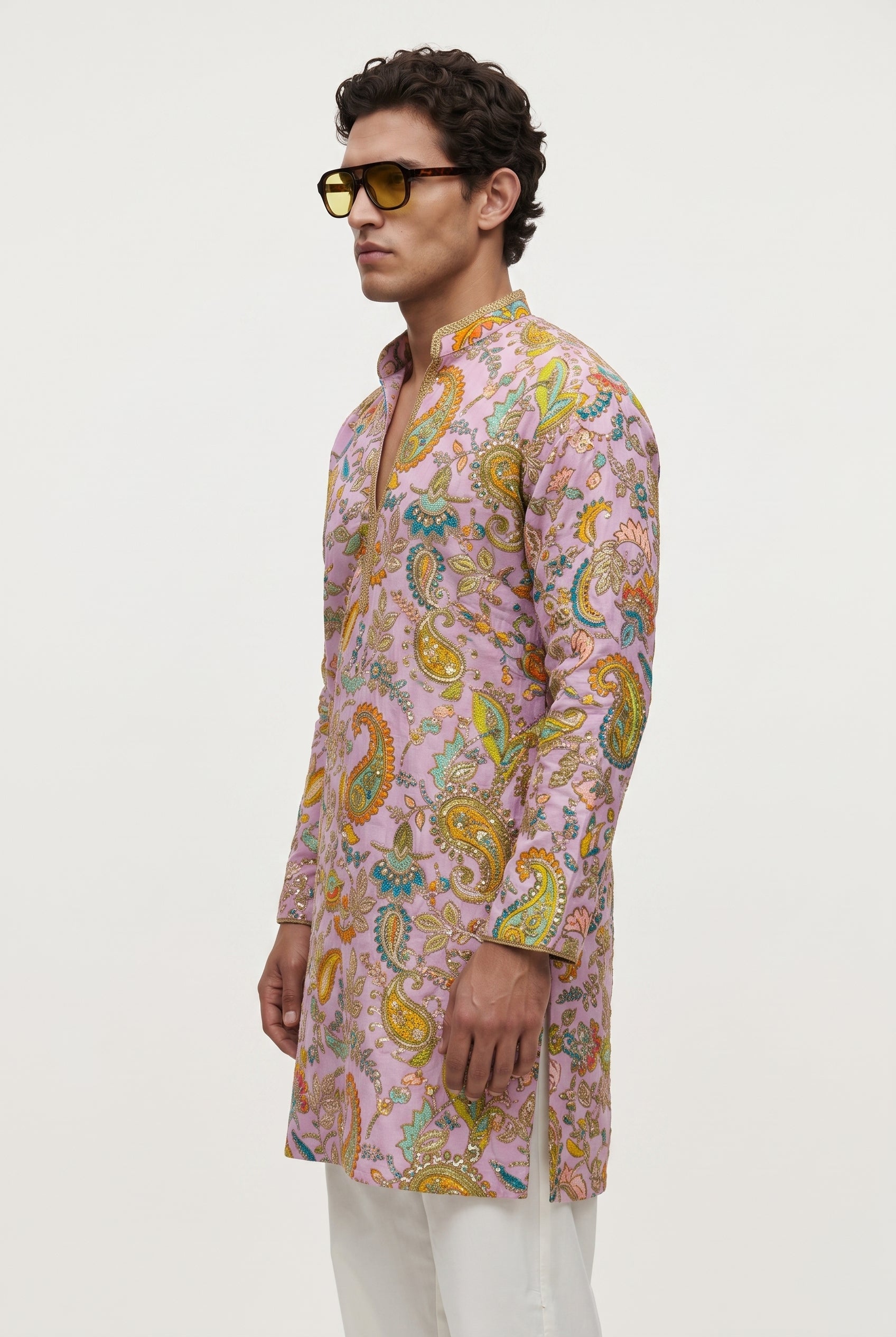 PSTL CLO Powder Pink Paisley Embroidered Short Kurta - side view on model
