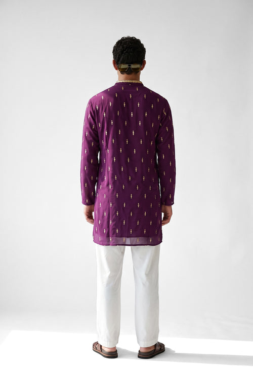 PSTL CLO Regal Plum Gold Embroidered Kurta - back view, festive wedding wear for men