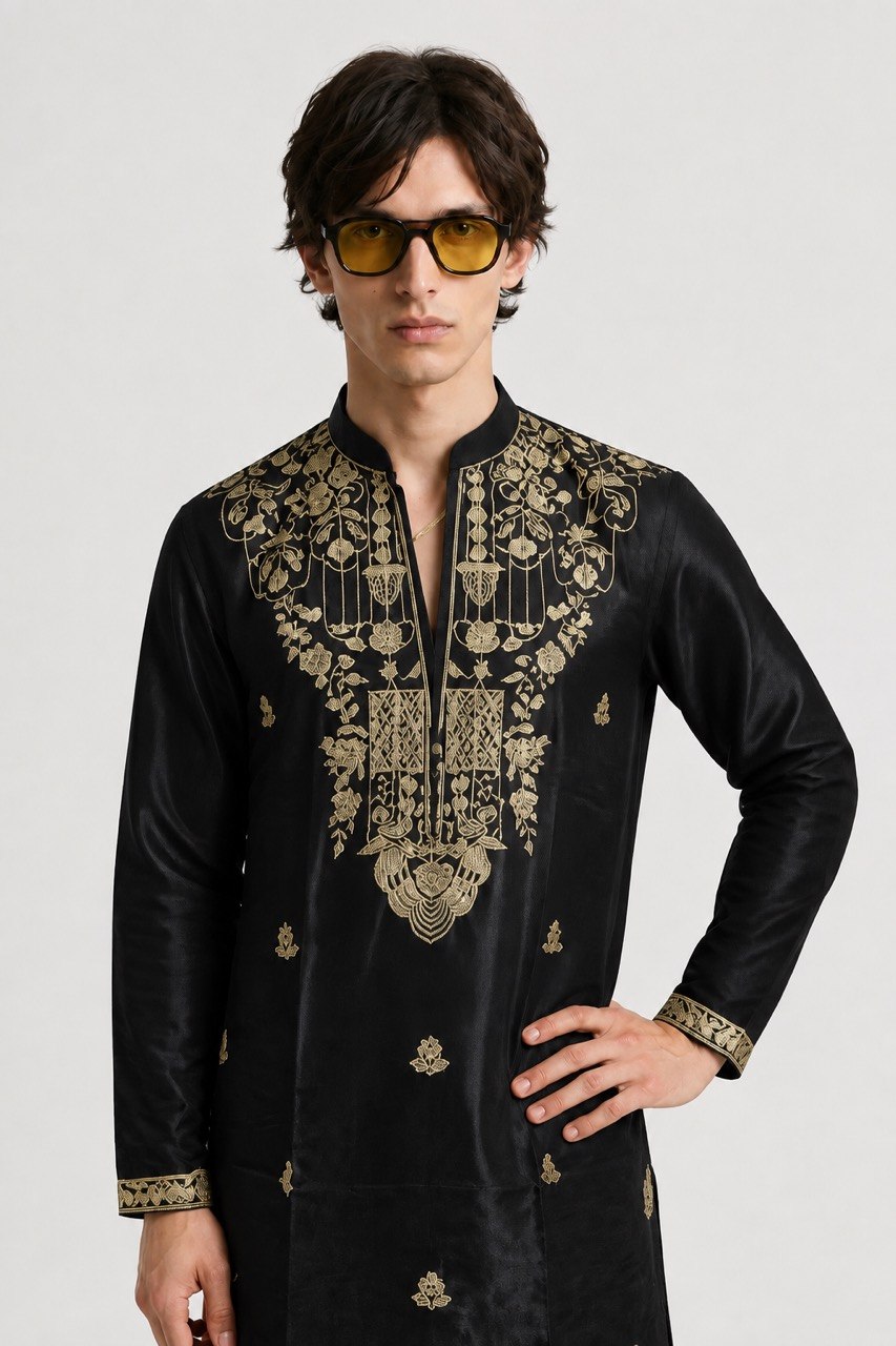 PSTL CLO Onyx & Gold Embroidered Short Kurta - full length styled look