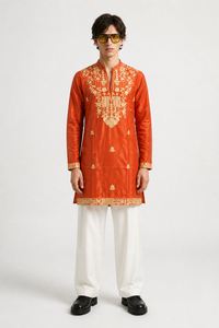 PSTL CLO Aurum Orange Embroidered Kurta - full length front view, festive wedding wear for men