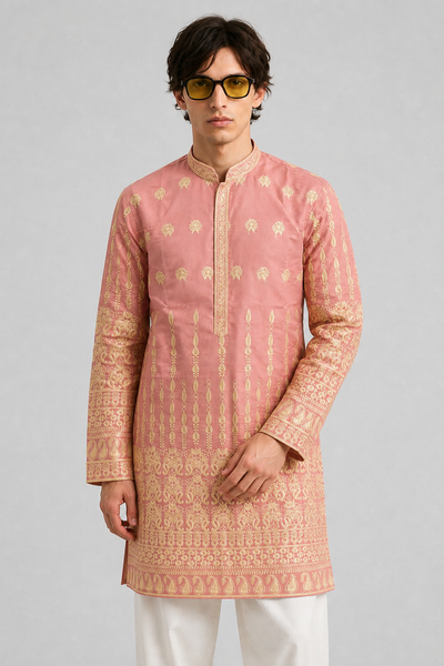 PSTL CLO Rose Zari Jacquard Kurta - front view, festive wedding wear for men