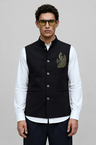 PSTL CLO Midnight Black Crystal-Beaded Waistcoat - front view, festive wedding wear for men