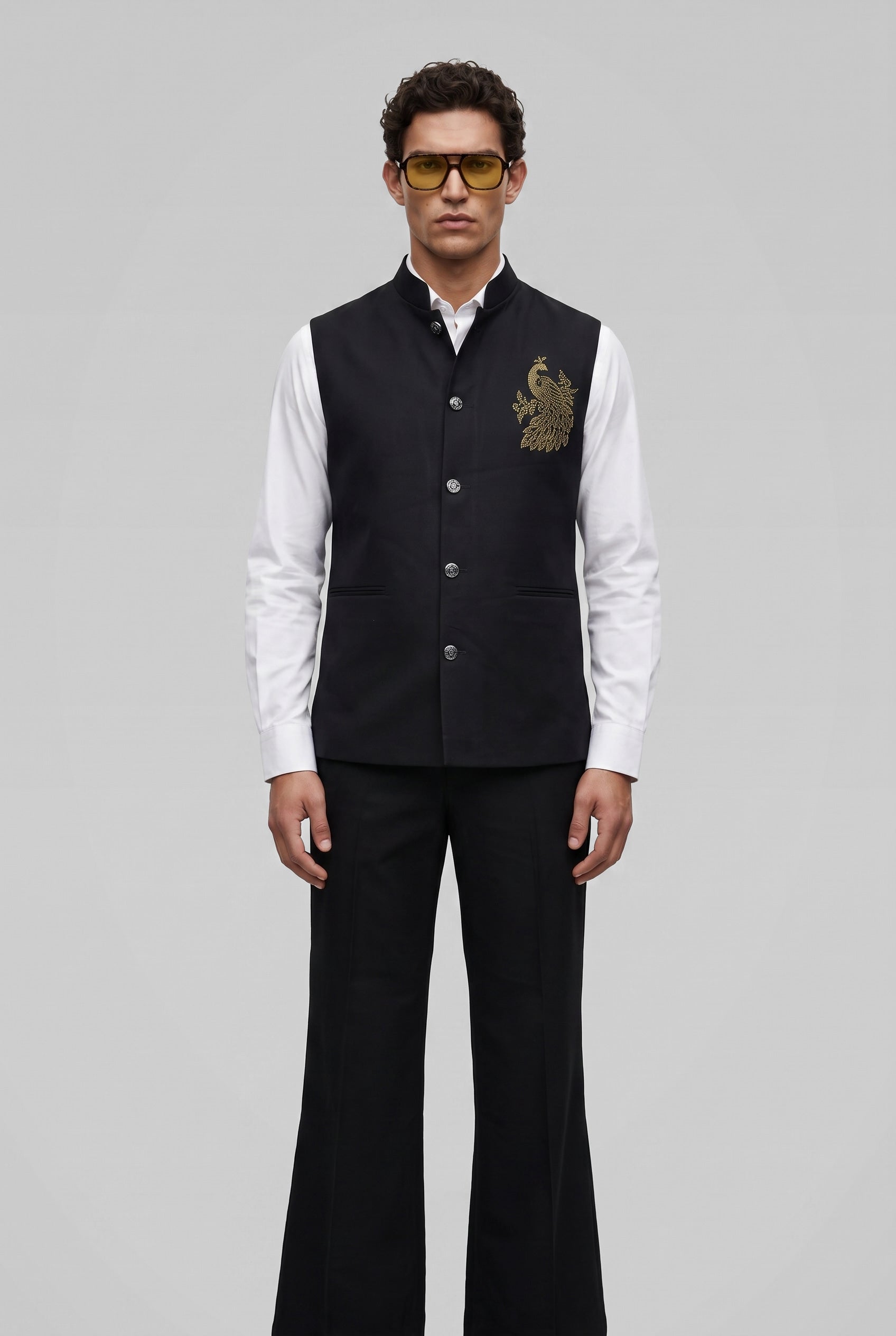 PSTL CLO Midnight Black Crystal-Beaded Waistcoat - close-up peacock embroidery detail