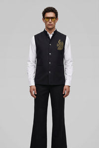 PSTL CLO Midnight Black Crystal-Beaded Waistcoat - close-up peacock embroidery detail