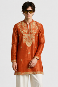 PSTL CLO Aurum Orange Embroidered Kurta - mid shot front view on model