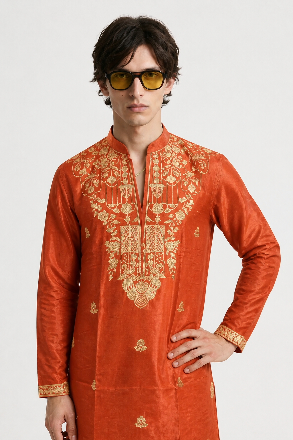 PSTL CLO Aurum Orange Embroidered Kurta - close-up gold embroidery detail