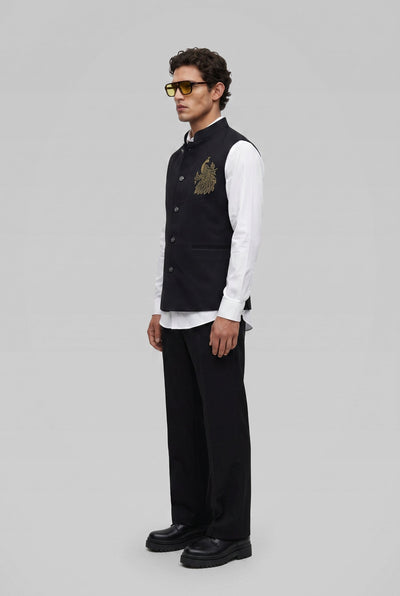 PSTL CLO Midnight Black Crystal-Beaded Waistcoat - full length side view on model