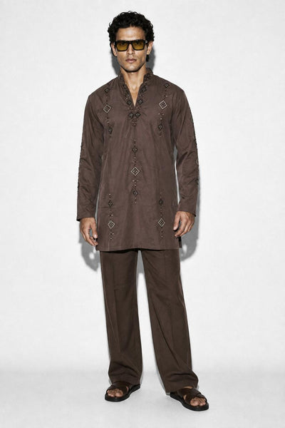 PSTL CLO Nocturne Cocoa Embroidered Kurta Set - alternate view 1, festive wedding wear for men