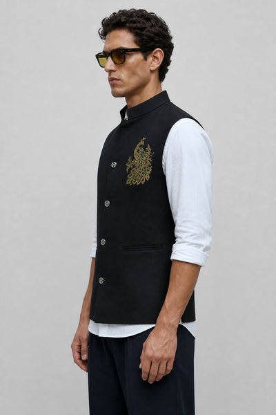 PSTL CLO Midnight Black Crystal-Beaded Waistcoat - collar and welt pocket detail
