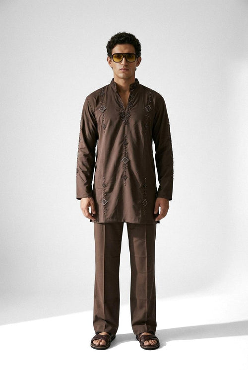 PSTL CLO Nocturne Cocoa Embroidered Kurta Set - alternate view 2, festive wedding wear for men