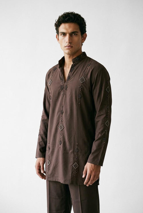 PSTL CLO Nocturne Cocoa Embroidered Kurta Set - front view, festive wedding wear for men