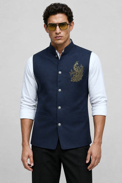 PSTL CLO Midnight Ocean Crystal-Beaded Waistcoat - front view, festive wedding wear for men