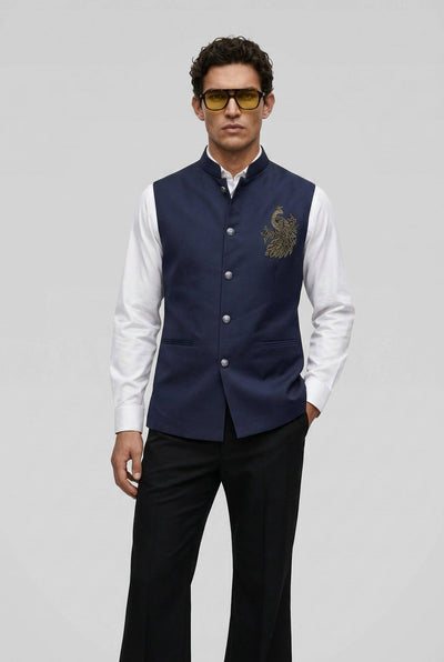 PSTL CLO Midnight Ocean Crystal-Beaded Waistcoat - close-up peacock embroidery detail