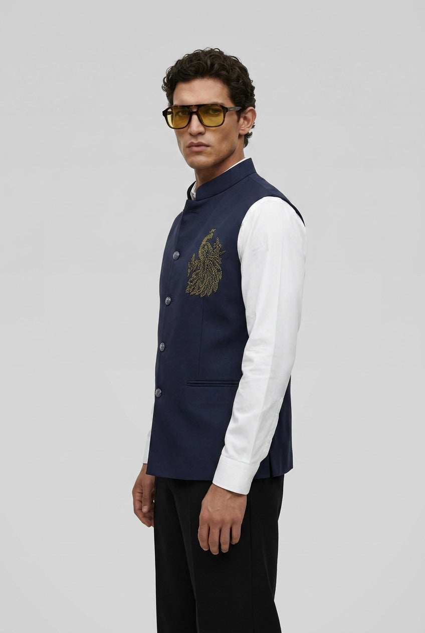 PSTL CLO Midnight Ocean Crystal-Beaded Waistcoat - side view on model