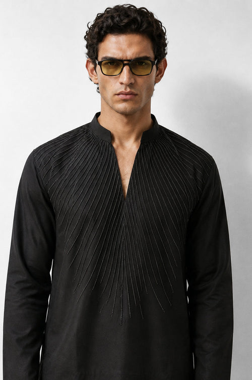 PSTL CLO Noir Élan Kurta Set - front view, festive wedding wear for men