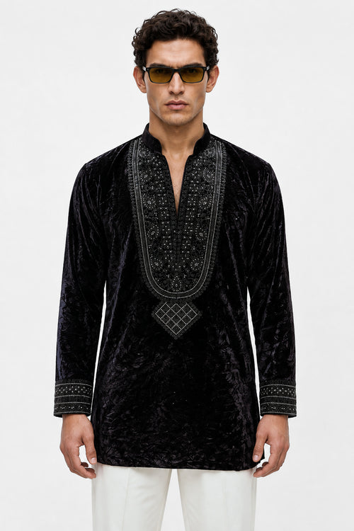 PSTL CLO Noir Velour Royale Kurta Set - front view, festive wedding wear for men