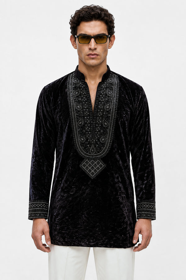 PSTL CLO Noir Velour Royale Kurta Set - front view, festive wedding wear for men