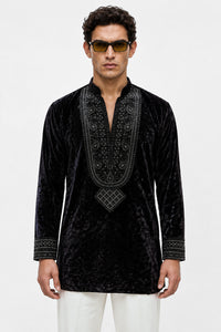 PSTL CLO Noir Velour Royale Kurta Set - front view, festive wedding wear for men