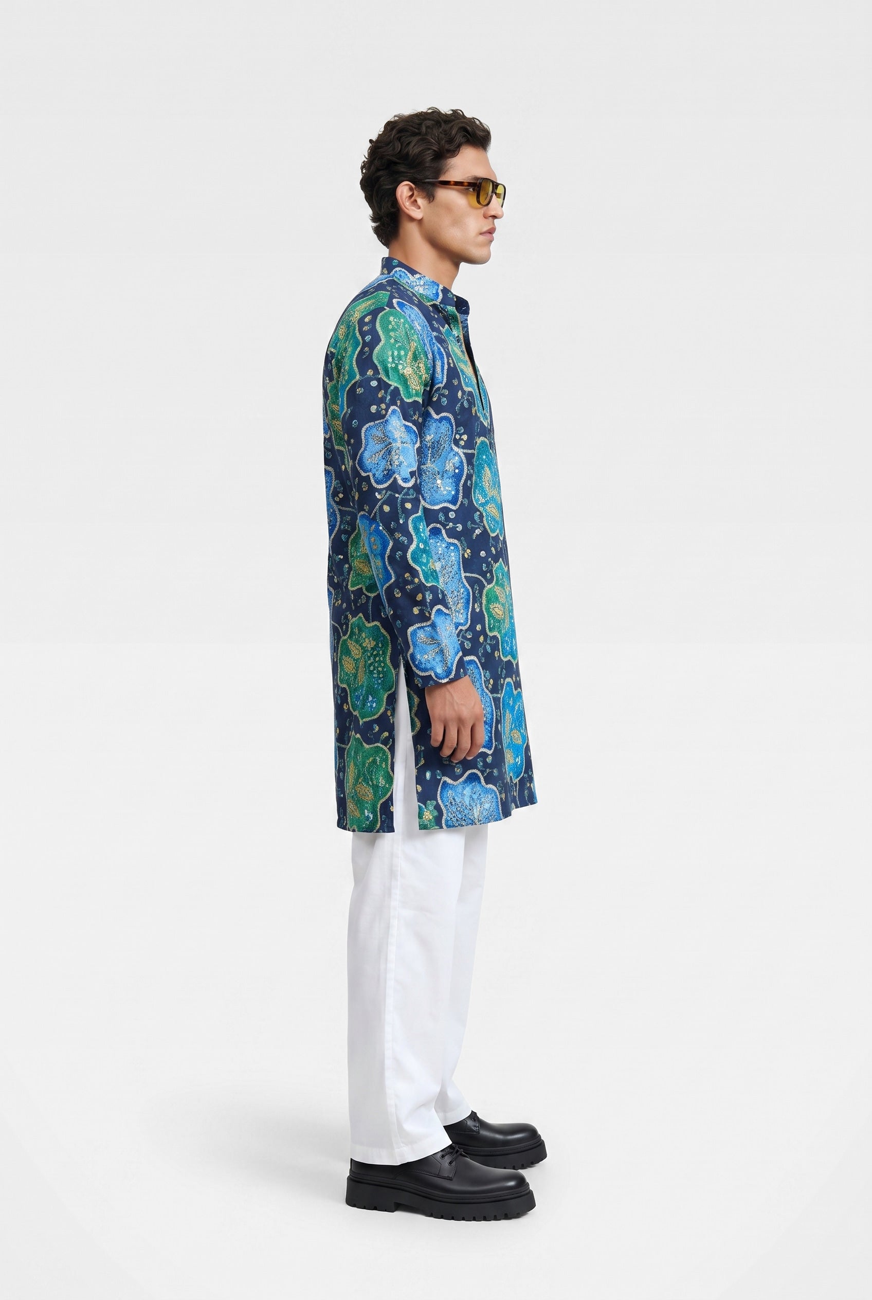 PSTL CLO Azure Bloom Navy Blue Floral Embroidered Kurta - close-up floral embroidery detail