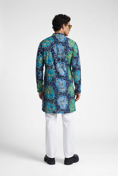 PSTL CLO Azure Bloom Navy Blue Floral Embroidered Kurta - side view on model
