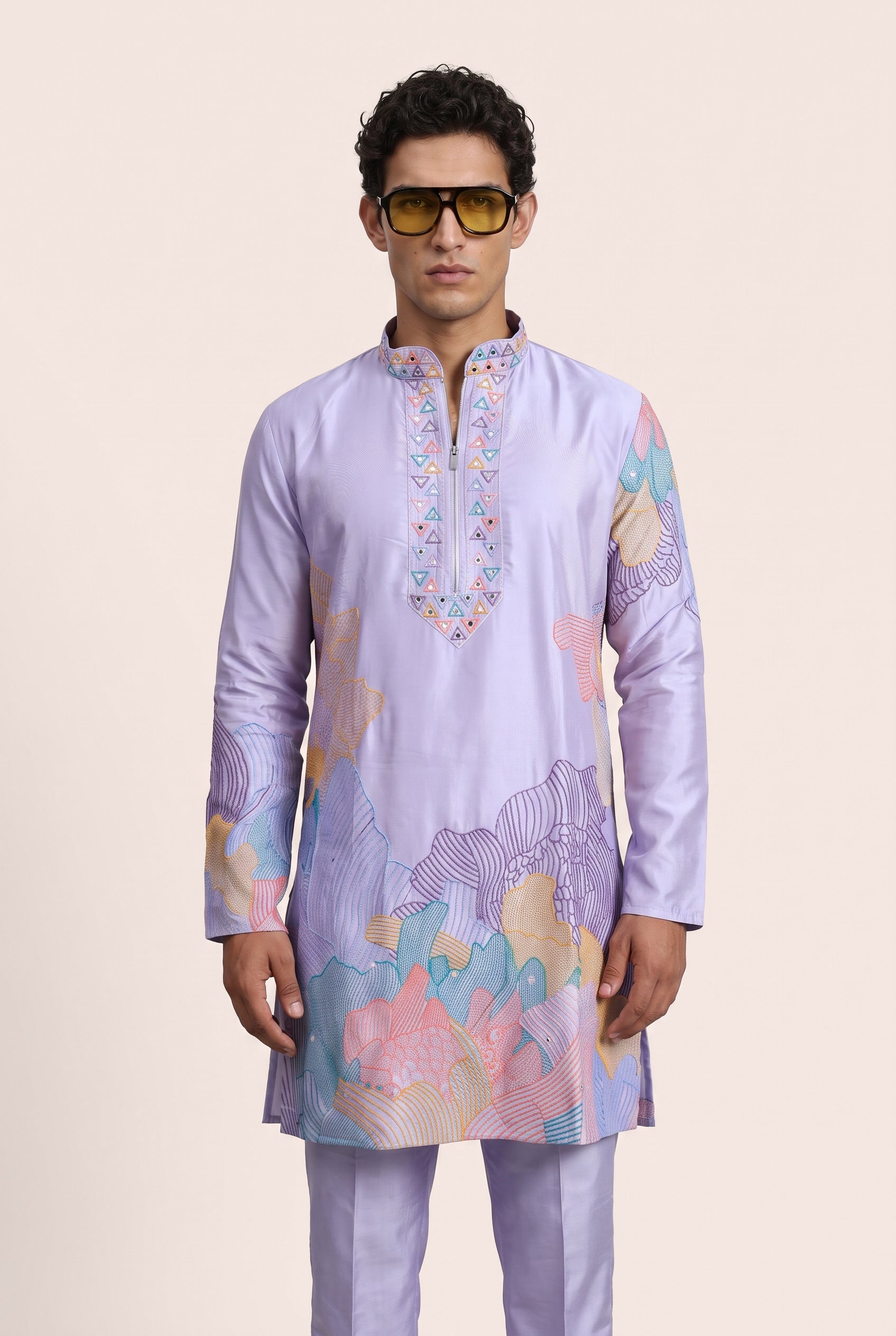 PSTL CLO Aura Lavender Abstract Embroidered Kurta Set - front view, festive wedding wear for men