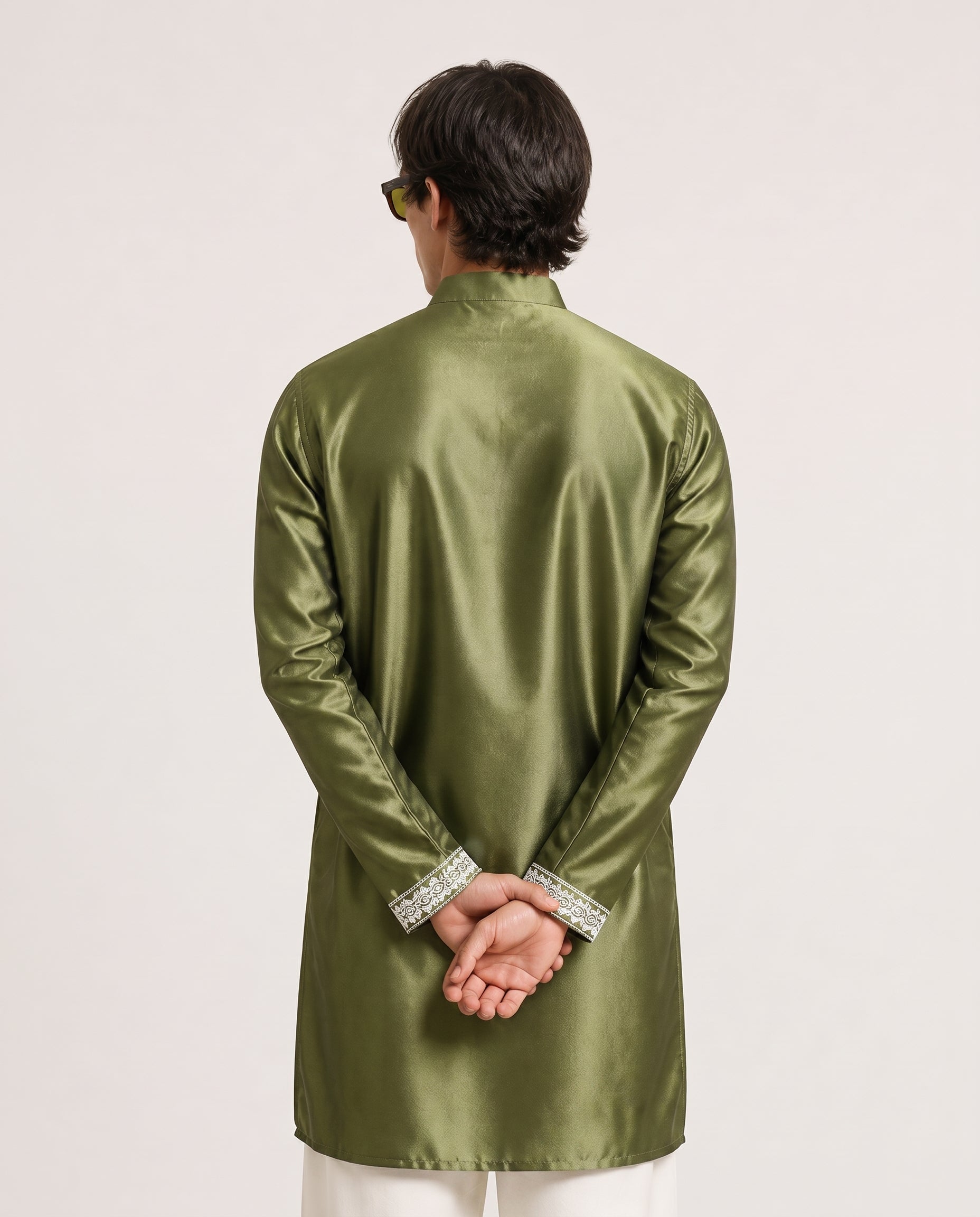 Men's Black Cotton Silk Kurta with Mirror and Zari Yoke Work
