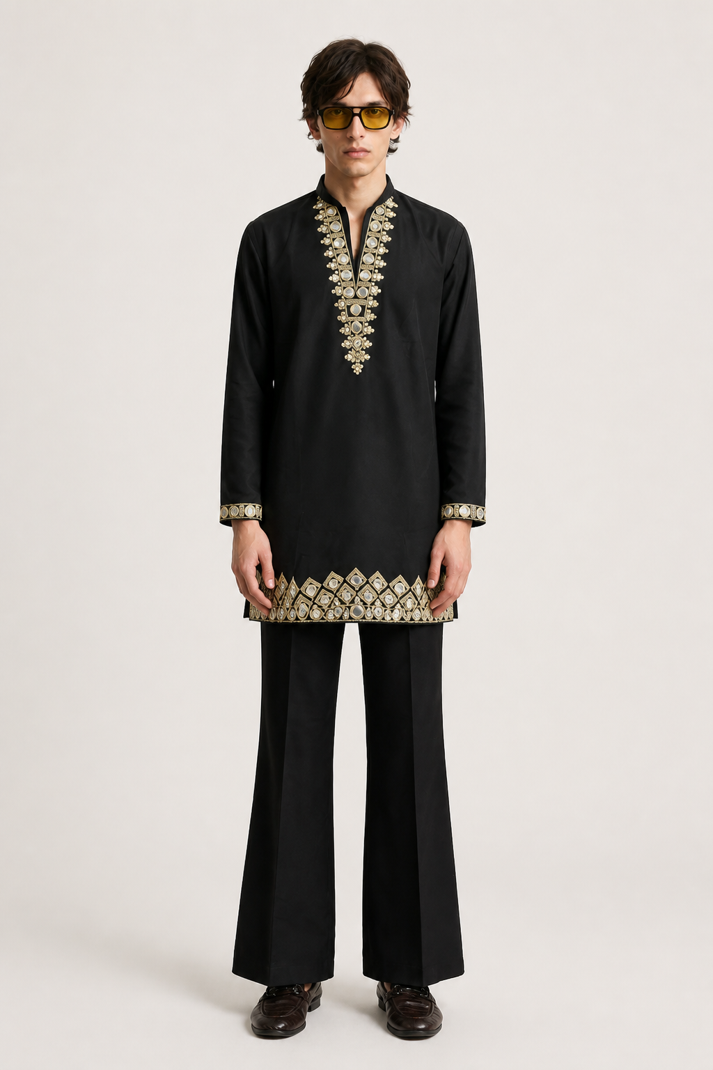 Men's Black Cotton Silk Kurta with Mirror and Zari Yoke Work