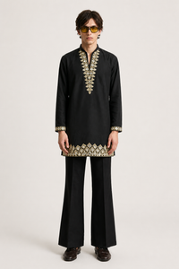 Men's Black Cotton Silk Kurta with Mirror and Zari Yoke Work