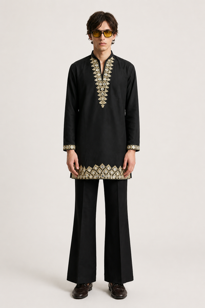 Men's Black Cotton Silk Kurta with Mirror and Zari Yoke Work