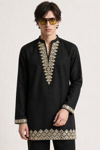 Men's Black Cotton Silk Kurta with Mirror and Zari Yoke Work