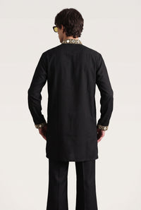 Men's Black Cotton Silk Kurta with Mirror and Zari Yoke Work