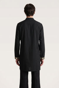 Men's Black Cotton Silk Kurta with Mirror and Zari Yoke Work