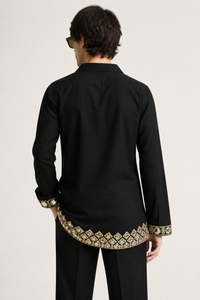 Men's Black Cotton Silk Kurta with Mirror and Zari Yoke Work