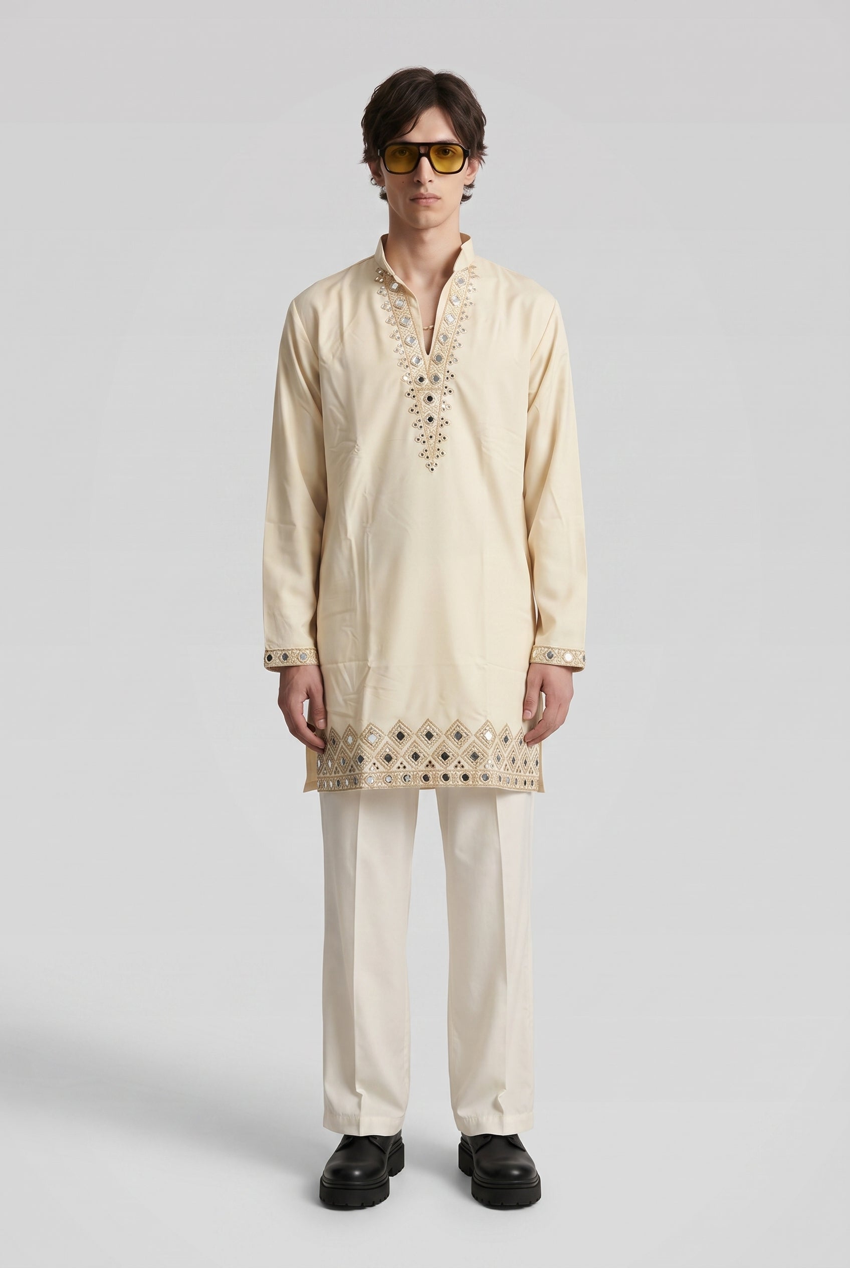 Aurelia Ivory Embellished Kurta for men, front view