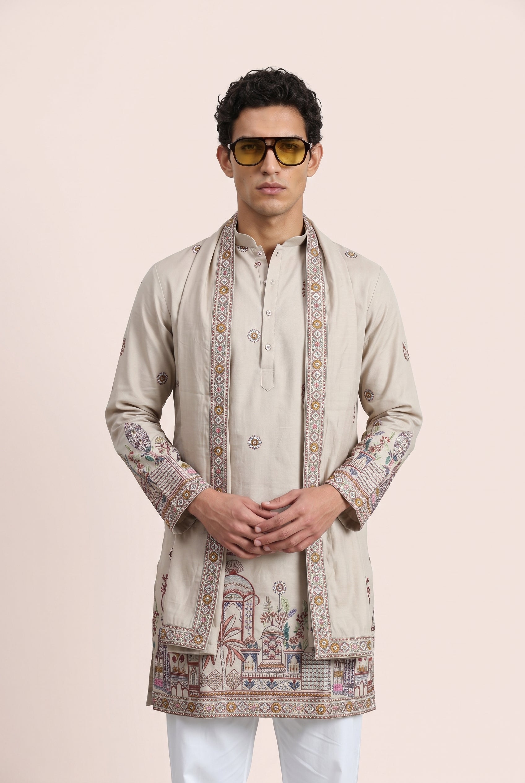 PSTL CLO Mehfil Ivory Kurta With Stole - front view, festive wedding wear for men