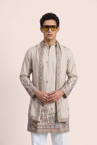 PSTL CLO Mehfil Ivory Kurta With Stole - front view, festive wedding wear for men