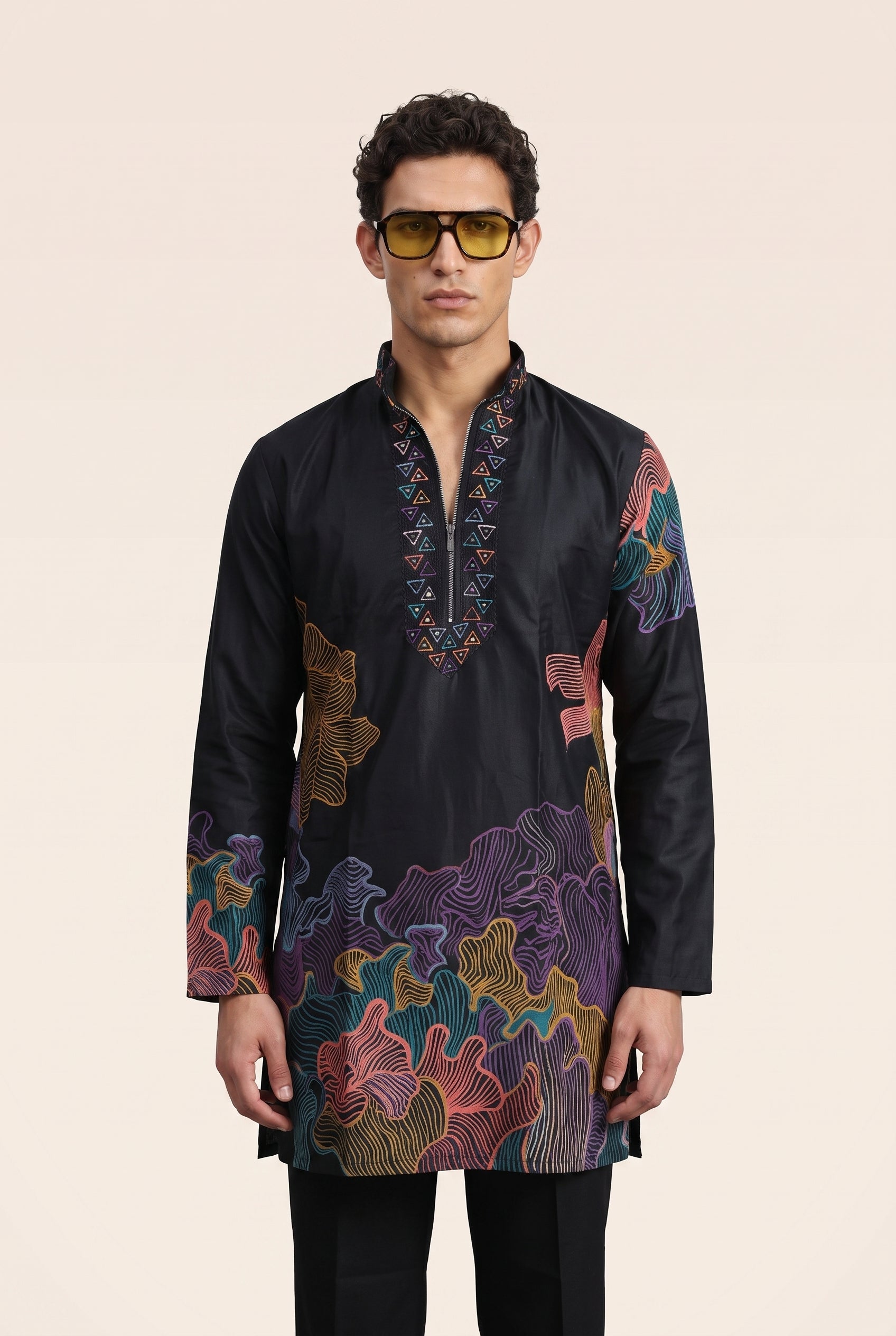 PSTL CLO Aura Midnight Abstract Embroidered Short Kurta with pants - front view, festive wedding wear for men